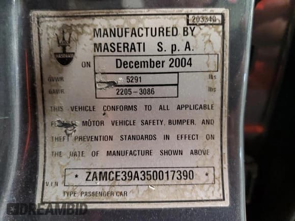 ✅ 2005 Maserati Quattroporte • VIN: ZAMCE39A350017390 • Lot: 72455664. Listed on Copart with 50,394 mi. Free auction sales archive from the USA and detailed vehicle history report at DreamBid. Image 12.