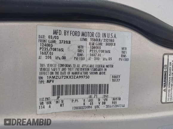 ✅ 2003 Ford Explorer XLS • VIN: 1FMZU72KX3ZA99750 • Lot: 42515852. Listed on IAAI with 271,712 mi. Free auction sales archive from the USA and detailed vehicle history report at DreamBid. Image 9.