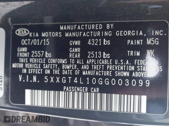 ✅ 2016 Kia Optima LX Turbo • VIN: 5XXGT4L10GG003099 • Lot: 42897307. Listed on IAAI with 111,265 mi. Free auction sales archive from the USA and detailed vehicle history report at DreamBid. Image 9.