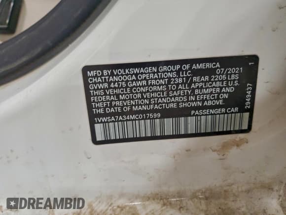 ✅ 2021 Volkswagen Passat SE • VIN: 1VWSA7A34MC017599 • Lot: 95198905. Listed on Copart with 132,600 mi. Free auction sales archive from the USA and detailed vehicle history report at DreamBid. Image 13.