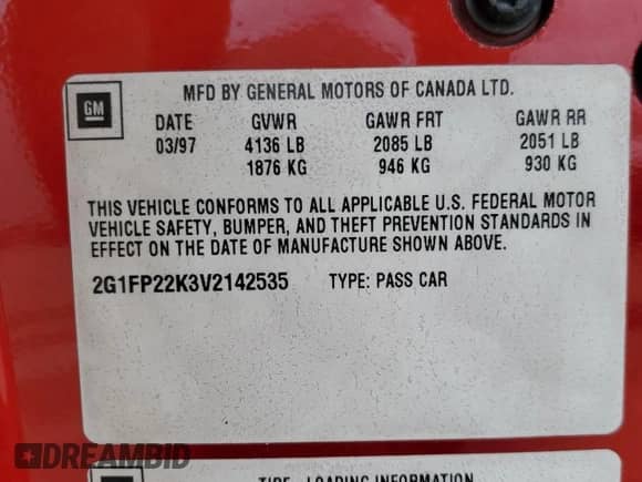 1997 Chevrolet Camaro z VIN 2G1FP22K3V2142535, wystawiony jako Copart lot #56523395 z przebiegiem 150 871 mil mil oraz Nie do naprawy • Non repairable. Historia ofert i sprzedaży dostępna na DreamBid. Obrazek 13.