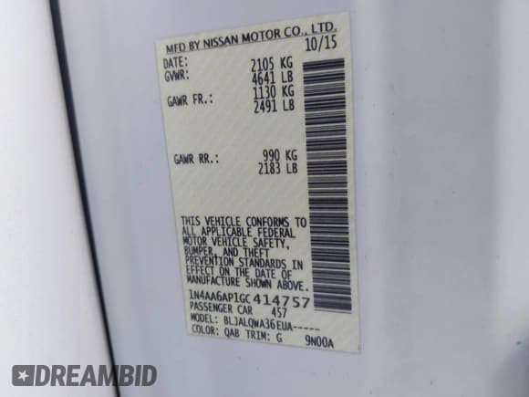 ✅ 2016 Nissan Maxima SV • VIN: 1N4AA6AP1GC414757 • Lot: 43400264. Wystawiony na IAAI z przebiegiem 155 755 mil. Bezpłatny archiwum sprzedaży aukcyjnych z USA i szczegółowy raport historii pojazdu na DreamBid. Zdjęcie 9.