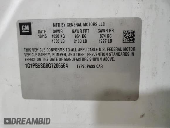 ✅ 2016 Chevrolet Cruze LS • VIN: 1G1PB5SG8G7206564 • Lot: 55652875. Listed on Copart with 129,537 mi. Free auction sales archive from the USA and detailed vehicle history report at DreamBid. Image 13.