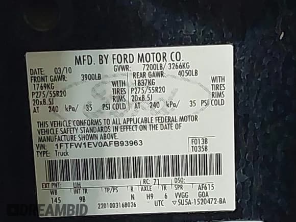 ✅ 2010 Ford F-150 XL • VIN: 1FTFW1EV0AFB93963 • Lot: 43534159. Listed on IAAI with 187,873 mi. Free auction sales archive from the USA and detailed vehicle history report at DreamBid. Image 9.