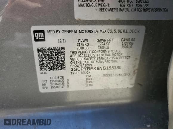 ✅ 2022 Chevrolet Silverado 1500 Custom • VIN: 3GCPYBEK8NG155380 • Lot: 48156445. Wystawiony na Copart z przebiegiem 90 096 mil. Bezpłatny archiwum sprzedaży aukcyjnych z USA i szczegółowy raport historii pojazdu na DreamBid. Zdjęcie 12.