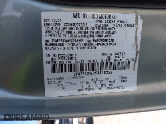 ✅ 2005 Ford Crown Victoria Standard • VIN: 2FAFP73W05X118255 • Lot: 42112937. Listed on IAAI with 71,481 mi. Free auction sales archive from the USA and detailed vehicle history report at DreamBid. Image 9.