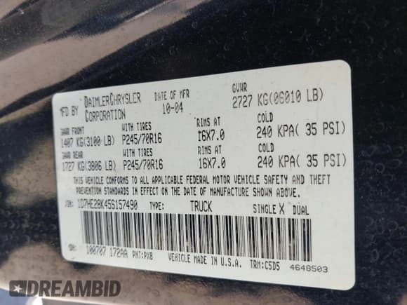 ✅ 2005 Dodge Dakota ST • VIN: 1D7HE28K45S157490 • Lot: 41778765. Wystawiony na IAAI z przebiegiem 187 575 mil. Bezpłatny archiwum sprzedaży aukcyjnych z USA i szczegółowy raport historii pojazdu na DreamBid. Zdjęcie 9.