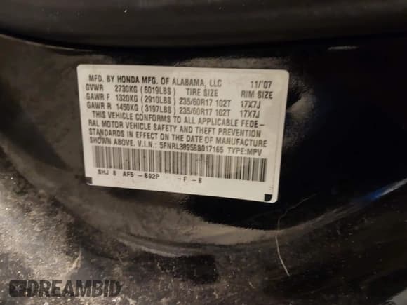 ✅ 2008 Honda Odyssey Touring • VIN: 5FNRL38958B017165 • Lot: 43575767. Listed on IAAI with 209,240 mi. Free auction sales archive from the USA and detailed vehicle history report at DreamBid. Image 9.