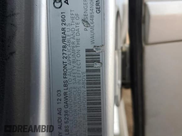 ✅ 2004 Audi A6 4.2L • VIN: WAUML64B54N061809 • Lot: 92085605. Wystawiony na Copart z przebiegiem 161 773 mil. Bezpłatny archiwum sprzedaży aukcyjnych z USA i szczegółowy raport historii pojazdu na DreamBid. Zdjęcie 12.