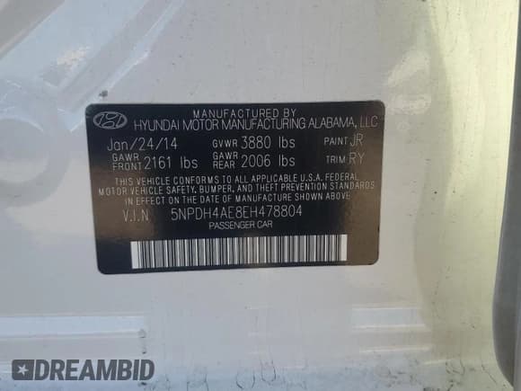 ✅ 2014 Hyundai Elantra Limited • VIN: 5NPDH4AE8EH478804 • Lot: 82603725. Listed on Copart with 106,805 mi. Free auction sales archive from the USA and detailed vehicle history report at DreamBid. Image 13.