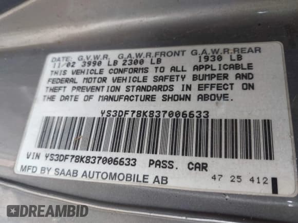 ✅ 2003 Saab 9-3 SE • VIN: YS3DF78K837006633 • Lot: 42936181. Wystawiony na IAAI z przebiegiem 290 684 mil. Bezpłatny archiwum sprzedaży aukcyjnych z USA i szczegółowy raport historii pojazdu na DreamBid. Zdjęcie 9.