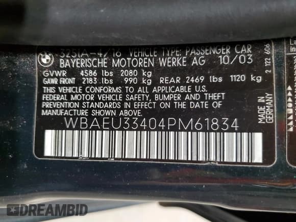 ✅ 2004 BMW 3 Series 325xi • VIN: WBAEU33404PM61834 • Lot: 89666055. Listed on Copart with 190,333 mi. Free auction sales archive from the USA and detailed vehicle history report at DreamBid. Image 13.