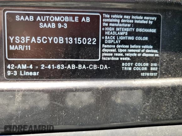 ✅ 2011 Saab 9-3 • VIN: YS3FA5CY0B1315022 • Lot: 59550675. Wystawiony na Copart z przebiegiem 135 760 mil. Bezpłatny archiwum sprzedaży aukcyjnych z USA i szczegółowy raport historii pojazdu na DreamBid. Zdjęcie 12.