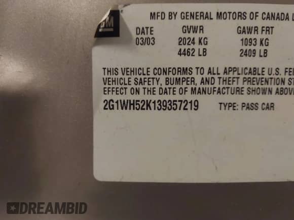 2003 Chevrolet Impala LS with VIN 2G1WH52K139357219, listed as a IAAI auction lot 43370372 with 213,221 mi miles and . Bid and sale history available at DreamBid. Image 9.