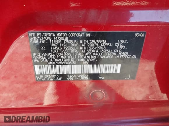 ✅ 2006 Toyota RAV4 Sport • VIN: JTMBK32V865006251 • Лот: 43674262. Опубликован ранее на IAAI с пробегом 159 709 миль. Бесплатный доступ к архиву аукционных продаж из США и подробный отчёт об истории автомобиля на DreamBid. Изображение 9.