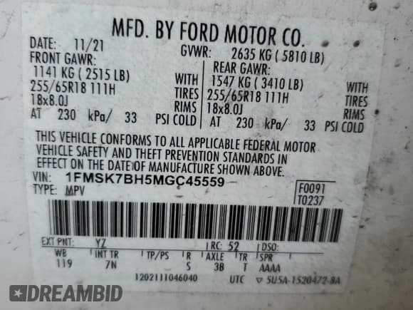 ✅ 2021 Ford Explorer • VIN: 1FMSK7BH5MGC45559 • Lot: 45323835. Wystawiony na Copart z przebiegiem 105 652 mil. Bezpłatny archiwum sprzedaży aukcyjnych z USA i szczegółowy raport historii pojazdu na DreamBid. Zdjęcie 13.