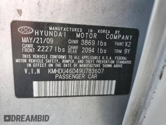 2009 Hyundai Elantra GLS z VIN KMHDU46D49U783607, wystawiony jako Copart lot #68806944 z przebiegiem 107 376 mil mil oraz Szkoda całkowita • Salvage title. Historia ofert i sprzedaży dostępna na DreamBid. Obrazek 12.