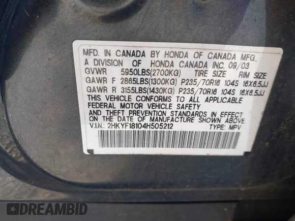 2004 Honda Pilot LX with VIN 2HKYF18104H505212, listed as a IAAI auction lot 43217698 with 137,680 mi miles and . Bid and sale history available at DreamBid. Image 9.