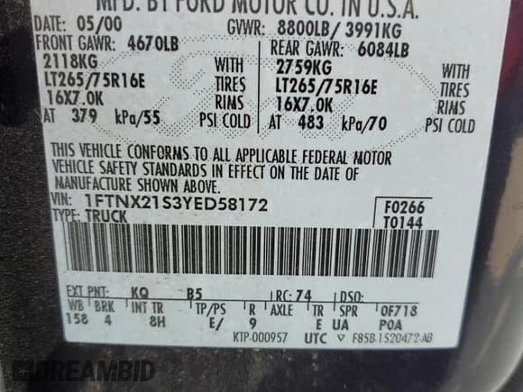 ✅ 2000 Ford F-250 XL • VIN: 1FTNX21S3YED58172 • Lot: 61271745. Listed on Copart with 177,667 mi. Free auction sales archive from the USA and detailed vehicle history report at DreamBid. Image 12.