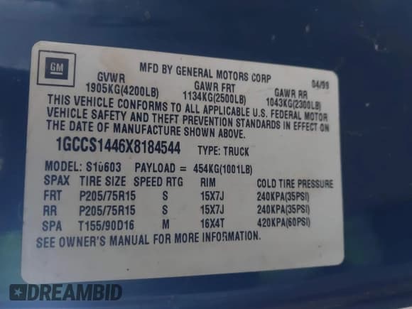 ✅ 1999 Chevrolet S-10 • VIN: 1GCCS1446X8184544 • Лот: 42217807. Опубликован ранее на IAAI с пробегом 240 668 миль. Бесплатный доступ к архиву аукционных продаж из США и подробный отчёт об истории автомобиля на DreamBid. Изображение 9.