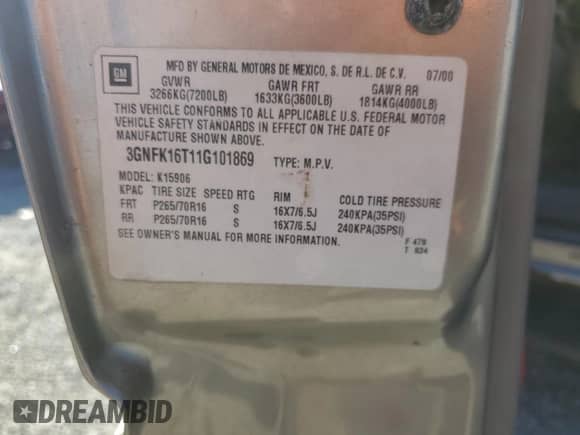 2001 Chevrolet Suburban LT с VIN 3GNFK16T11G101869, выставлен на аукционе Copart как лот 76699434 с пробегом 187 664 миль миль и Списание • Salvage title. История ставок и продаж доступна на DreamBid. Изображение 15.