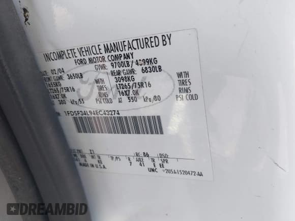 ✅ 2004 Ford F-350 XL • VIN: 1FDSF34L94EC43274 • Lot: 42882171. Listed on IAAI with 236,112 mi. Free auction sales archive from the USA and detailed vehicle history report at DreamBid. Image 9.