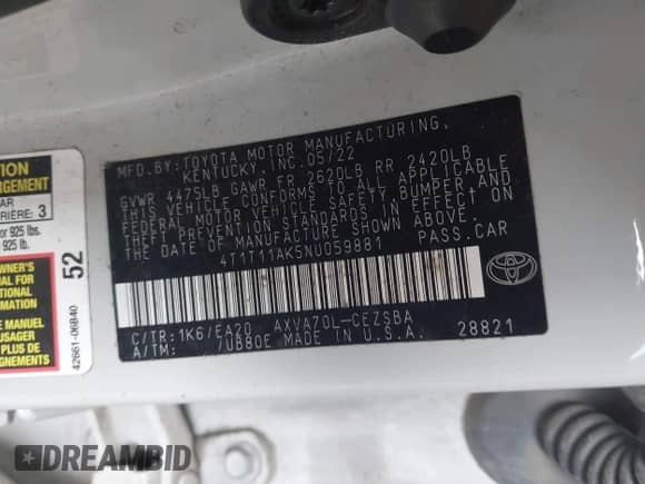 2022 Toyota Camry SE с VIN 4T1T11AK5NU059881, выставлен на аукционе IAAI как лот 42915288 с пробегом 100 000 миль миль и . История ставок и продаж доступна на DreamBid. Изображение 9.