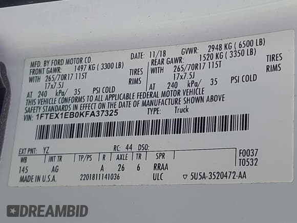 ✅ 2019 Ford F-150 XL • VIN: 1FTEX1EB0KFA37325 • Lot: 41792403. Listed on IAAI with 165,863 mi. Free auction sales archive from the USA and detailed vehicle history report at DreamBid. Image 9.