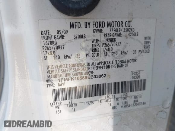 ✅ 2009 Ford Expedition Max SSV • VIN: 1FMFK16589EB03062 • Лот: 42564667. Опубликован ранее на IAAI с пробегом 286 266 миль. Бесплатный доступ к архиву аукционных продаж из США и подробный отчёт об истории автомобиля на DreamBid. Изображение 9.