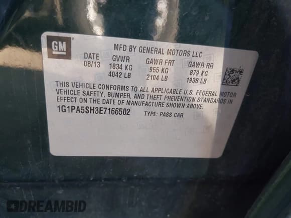 ✅ 2014 Chevrolet Cruze LS • VIN: 1G1PA5SH3E7166502 • Lot: 43341742. Wystawiony na IAAI z przebiegiem 57 306 mil. Bezpłatny archiwum sprzedaży aukcyjnych z USA i szczegółowy raport historii pojazdu na DreamBid. Zdjęcie 9.