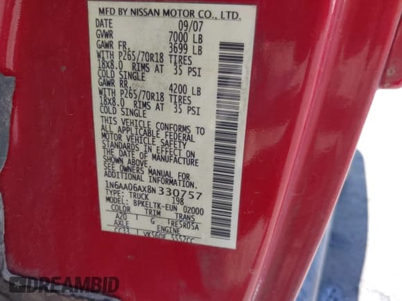 ✅ 2008 Nissan Titan XE • VIN: 1N6AA06AX8N330757 • Лот: 42632517. Опубликован ранее на IAAI с пробегом 121 164 миль. Бесплатный доступ к архиву аукционных продаж из США и подробный отчёт об истории автомобиля на DreamBid. Изображение 9.