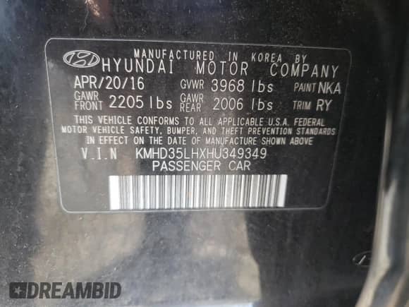 2017 Hyundai Elantra with VIN KMHD35LHXHU349349, listed as a Copart auction lot 66553455 with Not provided miles and Salvage title. Bid and sale history available at DreamBid. Image 13.