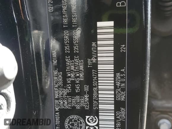 ✅ 2020 Toyota Highlander Platinum • VIN: 5TDFZRBH9LS014777 • Lot: 85763685. Listed on Copart with 67,464 mi. Free auction sales archive from the USA and detailed vehicle history report at DreamBid. Image 14.