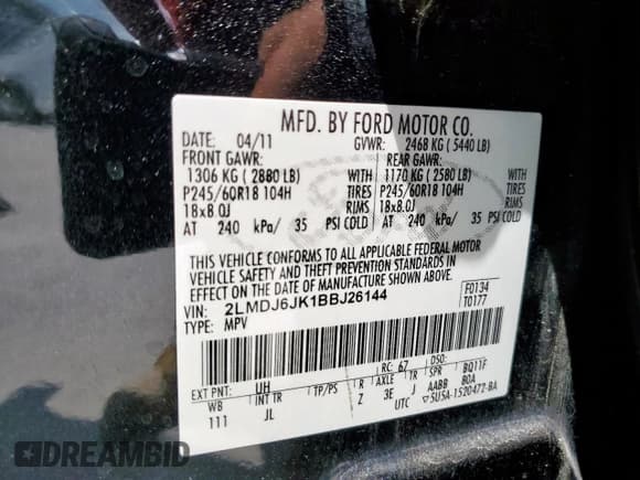 ✅ 2011 Lincoln MKX • VIN: 2LMDJ6JK1BBJ26144 • Лот: 66074965. Опубликован ранее на Copart с пробегом 234 456 миль. Бесплатный доступ к архиву аукционных продаж из США и подробный отчёт об истории автомобиля на DreamBid. Изображение 13.