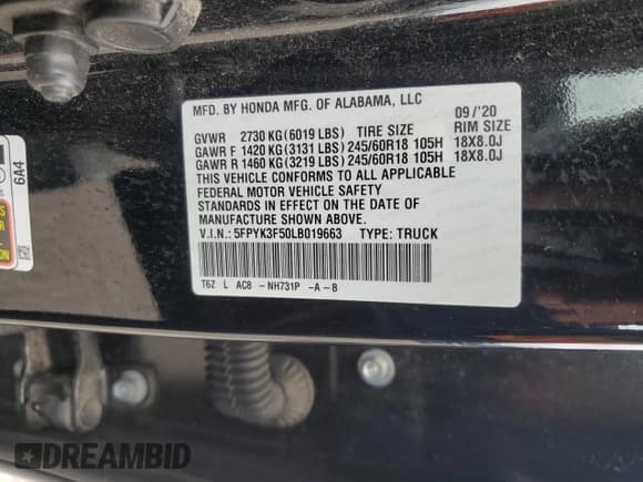 ✅ 2020 Honda Ridgeline RTL • VIN: 5FPYK3F50LB019663 • Lot: 68976635. Wystawiony na Copart z przebiegiem 41 010 mil. Bezpłatny archiwum sprzedaży aukcyjnych z USA i szczegółowy raport historii pojazdu na DreamBid. Zdjęcie 13.
