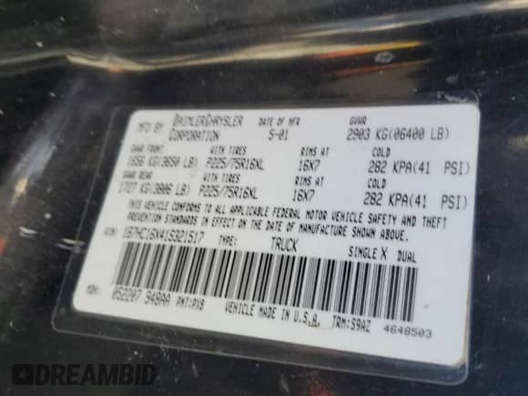 2001 Dodge 1500 Work Special z VIN 1B7HC16X41S321517, wystawiony jako Copart lot #78958804 z przebiegiem 308 817 mil mil oraz Szkoda całkowita • Salvage title. Historia ofert i sprzedaży dostępna na DreamBid. Obrazek 12.