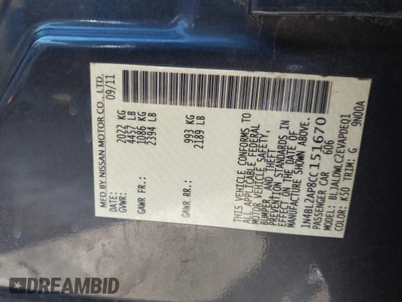 ✅ 2012 Nissan Altima SR • VIN: 1N4BL2AP8CC151670 • Lot: 43839051. Listed on IAAI with Not provided. Free auction sales archive from the USA and detailed vehicle history report at DreamBid. Image 9.