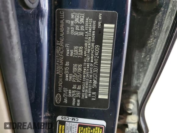 ✅ 2007 Hyundai Santa Fe GLS • VIN: 5NMSG13D77H124009 • Lot: 59670925. Wystawiony na Copart z przebiegiem 179 376 mil. Bezpłatny archiwum sprzedaży aukcyjnych z USA i szczegółowy raport historii pojazdu na DreamBid. Zdjęcie 13.