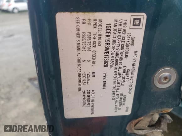 ✅ 1998 Chevrolet Silverado 1500 • VIN: 1GCEK19R3WE173028 • Lot: 86123125. Listed on Copart with 177,014 mi. Free auction sales archive from the USA and detailed vehicle history report at DreamBid. Image 12.