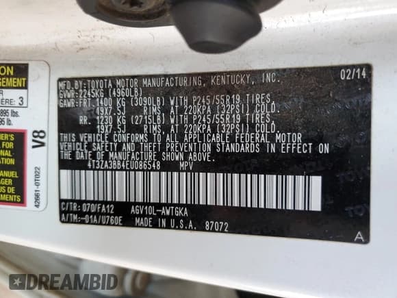 ✅ 2014 Toyota Venza LE • VIN: 4T3ZA3BB4EU086548 • Лот: 80752605. Опубликован ранее на Copart с пробегом Не указан. Бесплатный доступ к архиву аукционных продаж из США и подробный отчёт об истории автомобиля на DreamBid. Изображение 12.