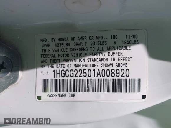 2001 Honda Accord EX с VIN 1HGCG22501A008920, выставлен на аукционе IAAI как лот 42500369 с пробегом 331 256 миль миль и . История ставок и продаж доступна на DreamBid. Изображение 9.