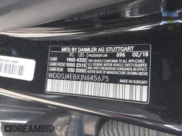 ✅ 2018 Mercedes-Benz CLA 250 • VIN: WDDSJ4EBXJN645675 • Lot: 41808369. Listed on IAAI with 101,540 mi. Free auction sales archive from the USA and detailed vehicle history report at DreamBid. Image 9.