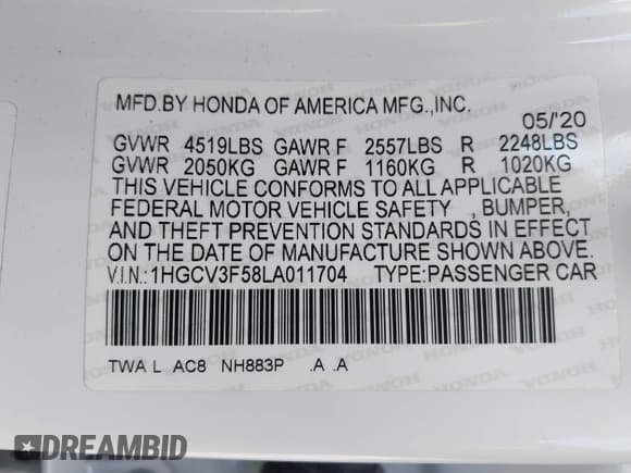 ✅ 2020 Honda Accord EX-L • VIN: 1HGCV3F58LA011704 • Лот: 43526198. Опубликован ранее на IAAI с пробегом 79 549 миль. Бесплатный доступ к архиву аукционных продаж из США и подробный отчёт об истории автомобиля на DreamBid. Изображение 9.
