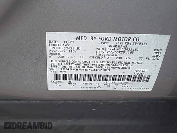 2023 Ford Explorer Limited z VIN 1FMSK8FH5PGB67983, wystawiony jako IAAI lot #43235210 z przebiegiem 53 682 mil mil oraz . Historia ofert i sprzedaży dostępna na DreamBid. Obrazek 9.