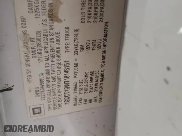 2001 Chevrolet S-10 LS ZR2 с VIN 1GCCT19W718148151, выставлен на аукционе Copart как лот 51382165 с пробегом Не указан миль и На запчасти • Non repairable. История ставок и продаж доступна на DreamBid. Изображение 13.