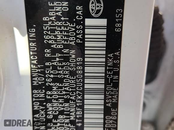 2012 Toyota Camry SE с VIN 4T1BF1FK7CU508819, выставлен на аукционе Copart как лот 85182255 с пробегом 179 167 миль миль и Списание • Salvage title. История ставок и продаж доступна на DreamBid. Изображение 13.