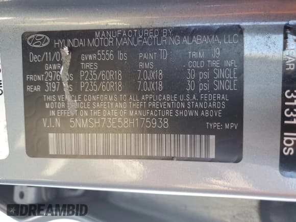 ✅ 2008 Hyundai Santa Fe SE • VIN: 5NMSH73E58H175938 • Lot: 86619104. Listed on Copart with Not provided. Free auction sales archive from the USA and detailed vehicle history report at DreamBid. Image 12.