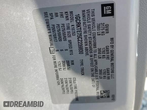 2012 Chevrolet Silverado 1500 LTZ с VIN 1GCRKTE75CZ239830, выставлен на аукционе Copart как лот 59698995 с пробегом 148 306 миль миль и Чистый • Clean title. История ставок и продаж доступна на DreamBid. Изображение 12.