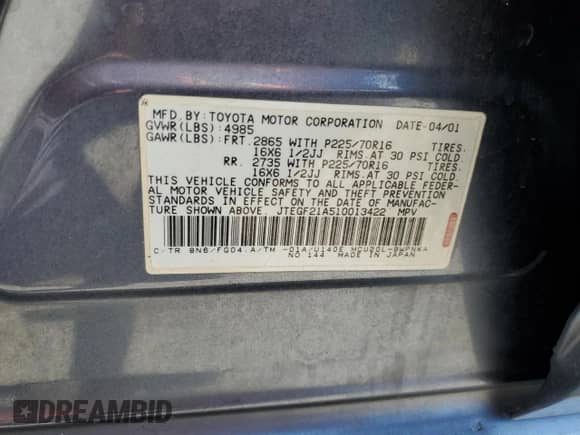 2001 Toyota Highlander с VIN JTEGF21A510013422, выставлен на аукционе Copart как лот 71253395 с пробегом 203 625 миль миль и Списание • Salvage title. История ставок и продаж доступна на DreamBid. Изображение 12.