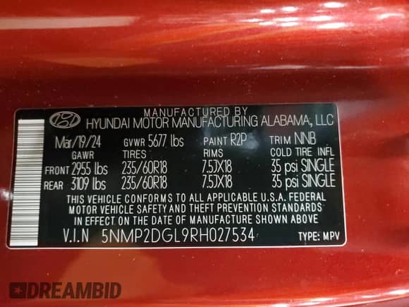 2024 Hyundai Santa Fe SEL с VIN 5NMP2DGL9RH027534, выставлен на аукционе Copart как лот 51448425 с пробегом 25 821 миль миль и Чистый • Clean title. История ставок и продаж доступна на DreamBid. Изображение 13.